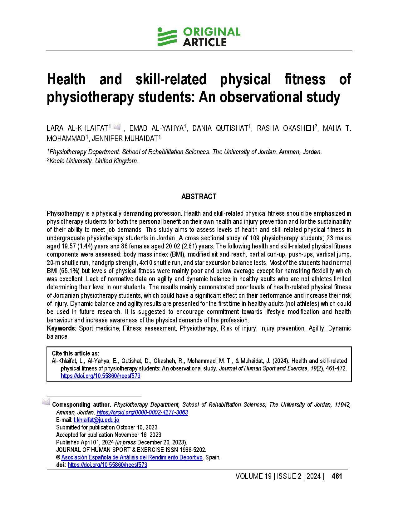 Health and skill-related physical fitness of physiotherapy students: An observational study