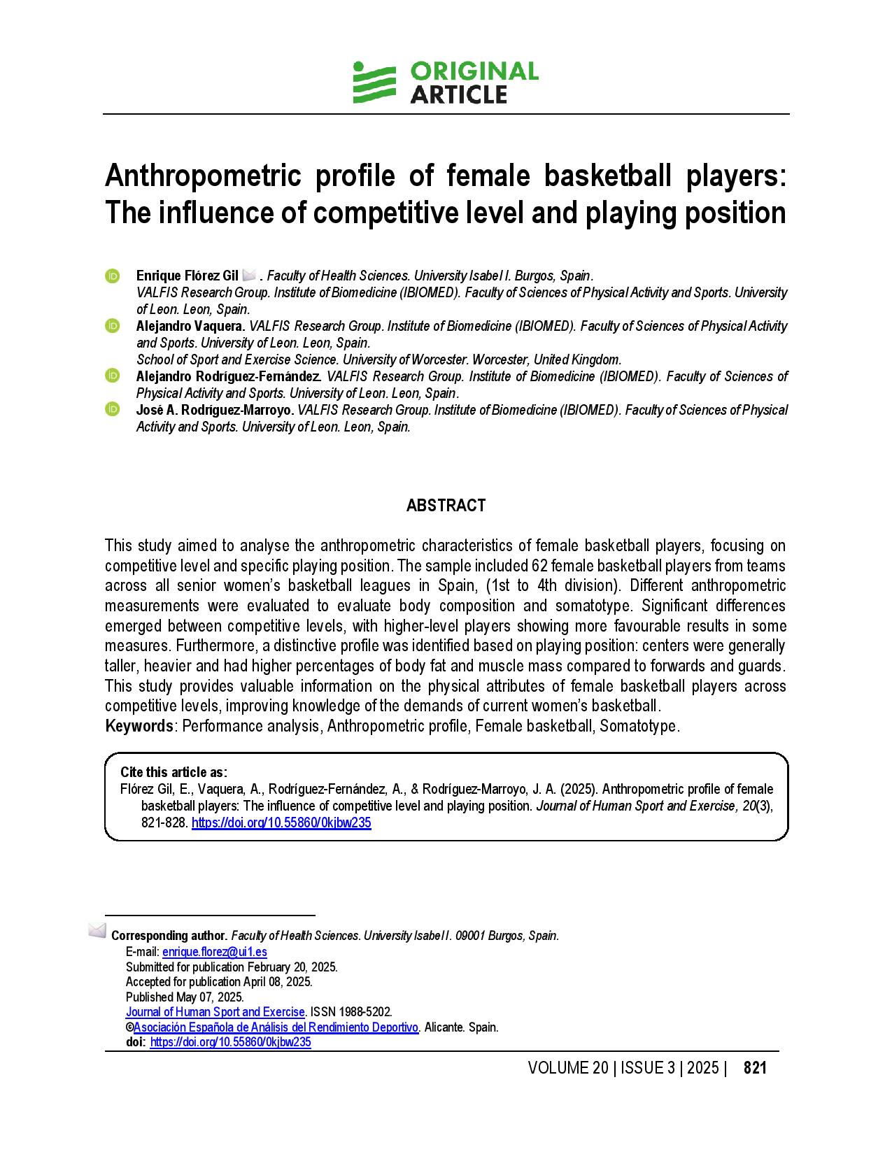 Anthropometric profile of female basketball players: The influence of competitive level and playing position