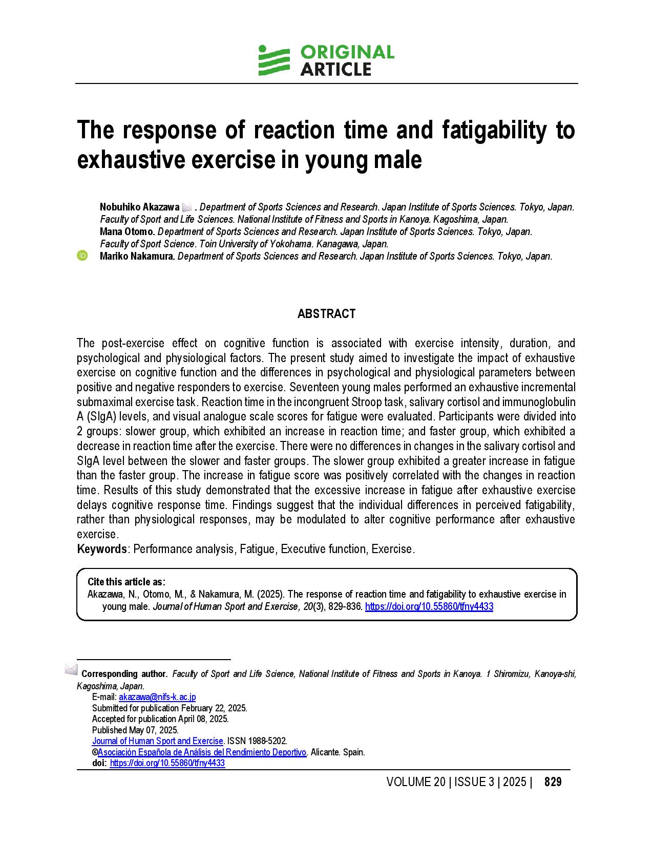 The response of reaction time and fatigability to exhaustive exercise in young male