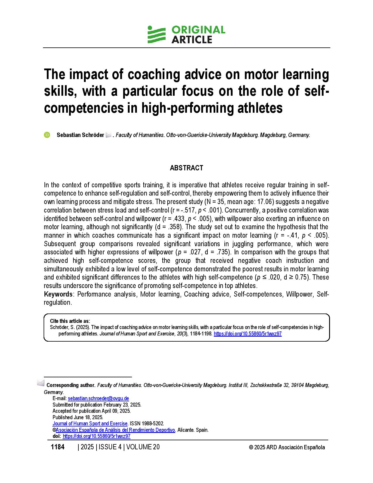 The impact of coaching advice on motor learning skills, with a particular focus on the role of self-competencies in high-performing athletes