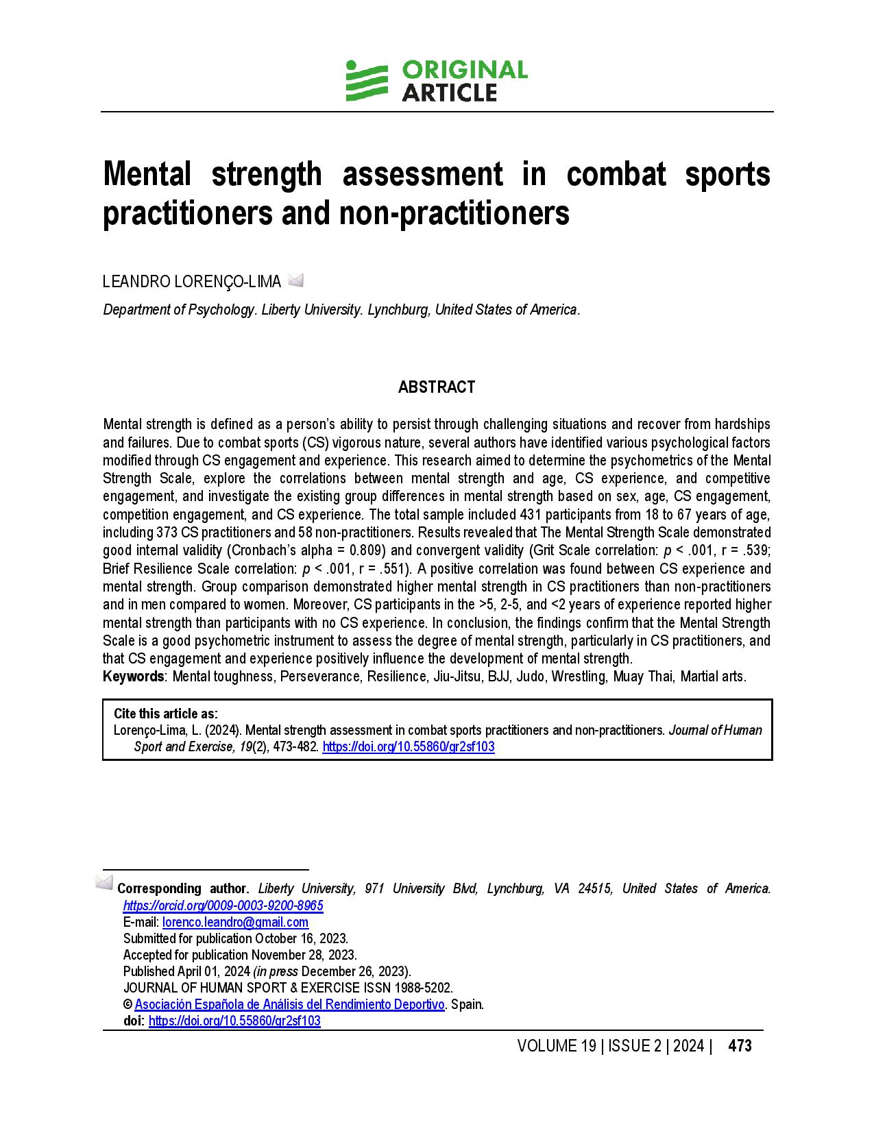 Mental strength assessment in combat sports practitioners and non-practitioners