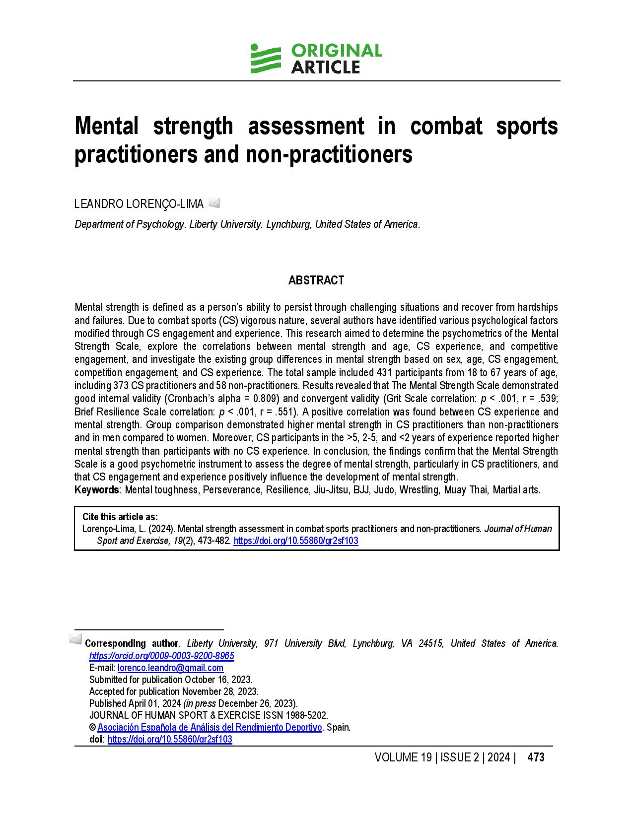 Mental strength assessment in combat sports practitioners and non-practitioners