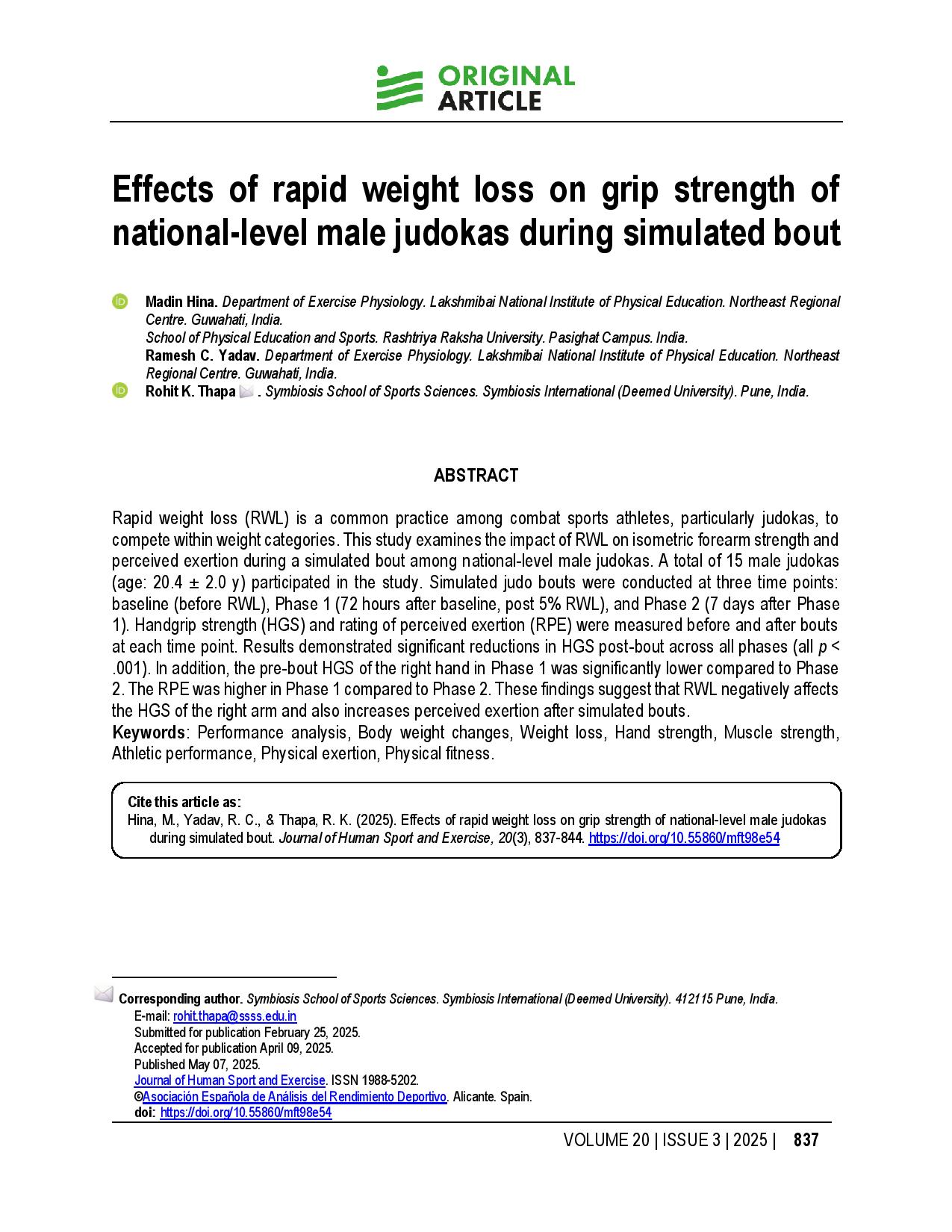 Effects of rapid weight loss on grip strength of national-level male judokas during simulated bout