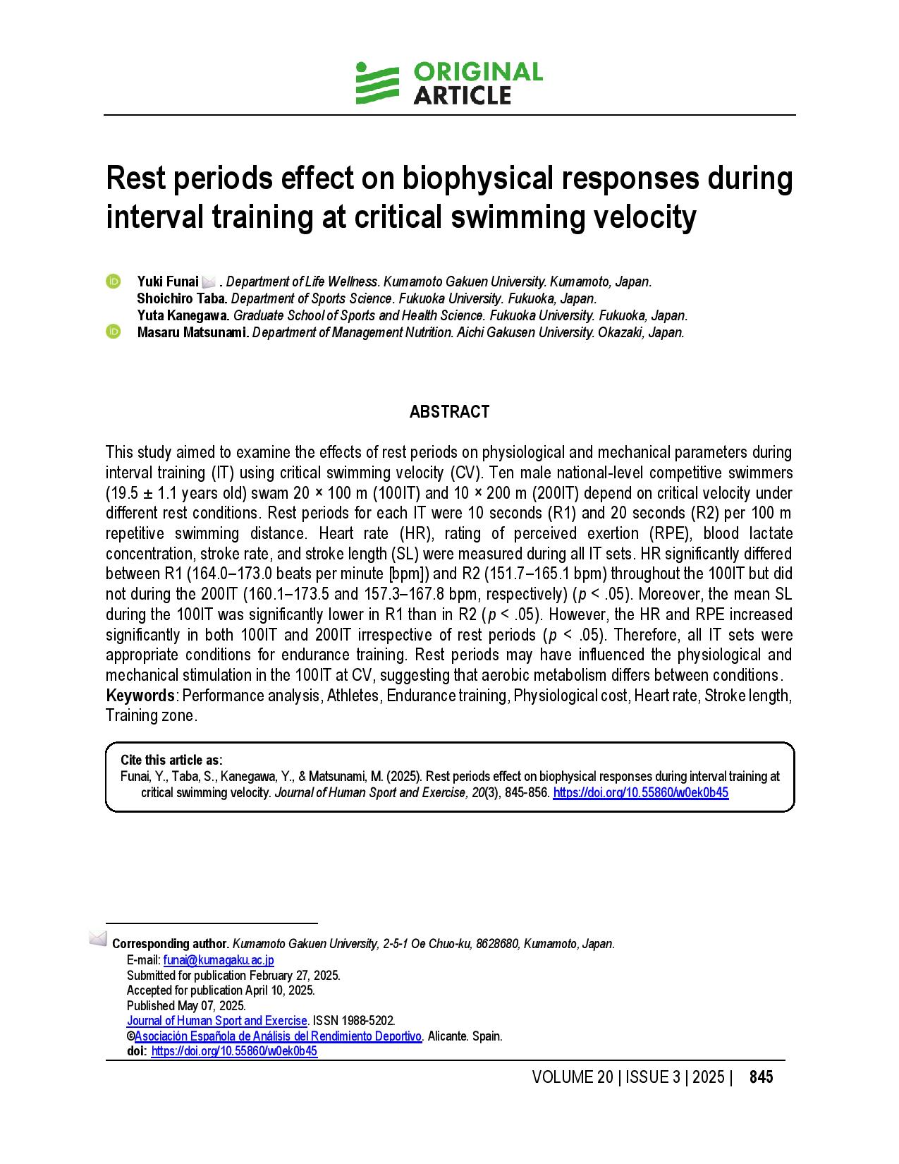 Rest periods effect on biophysical responses during interval training at critical swimming velocity