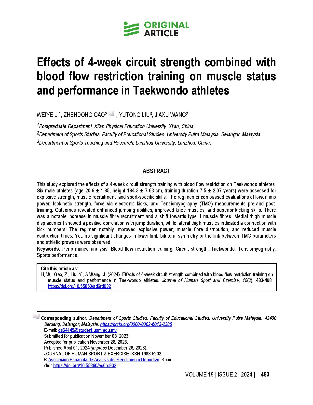 Effects of 4-week circuit strength combined with blood flow restriction training on muscle status and performance in Taekwondo athletes