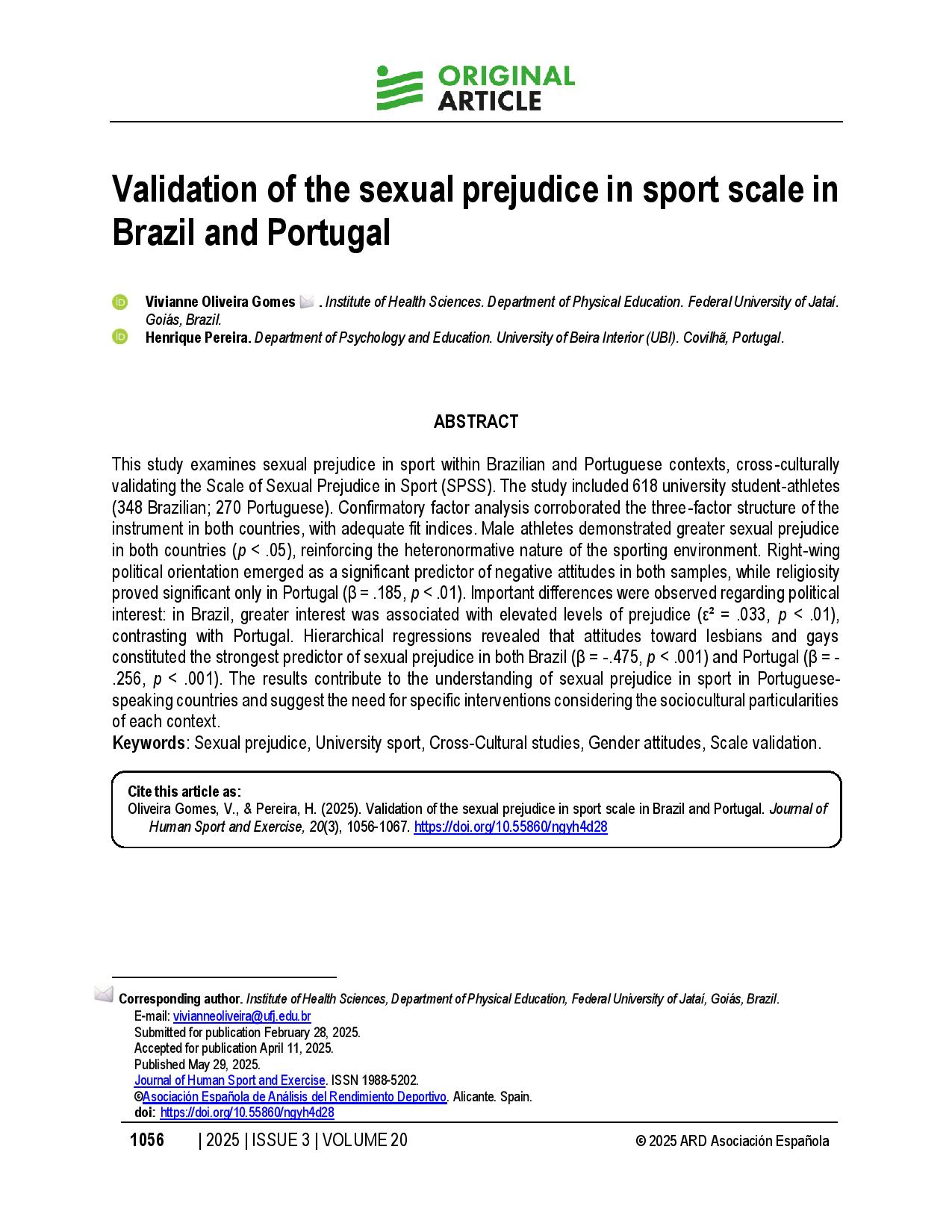 Validation of the sexual prejudice in sport scale in Brazil and Portugal