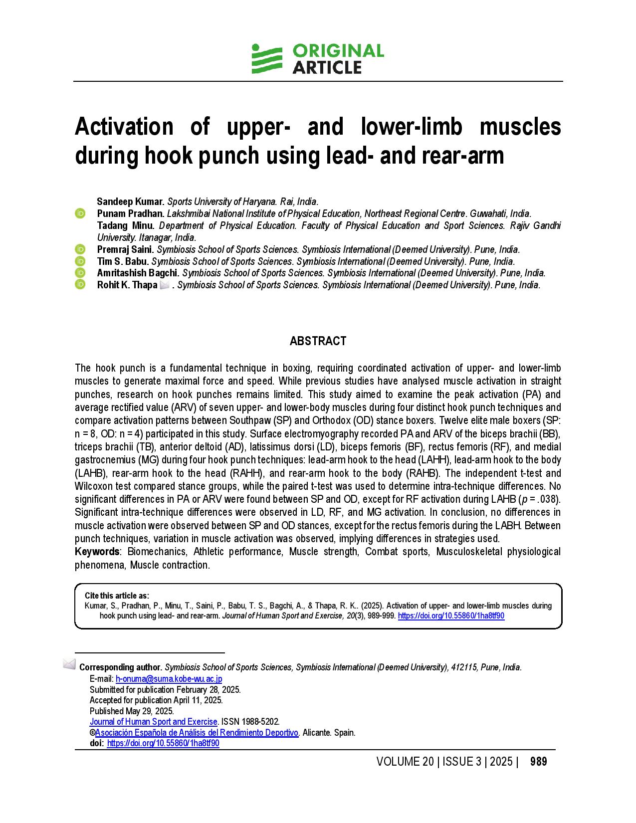 Activation of upper- and lower-limb muscles during hook punch using lead- and rear-arm