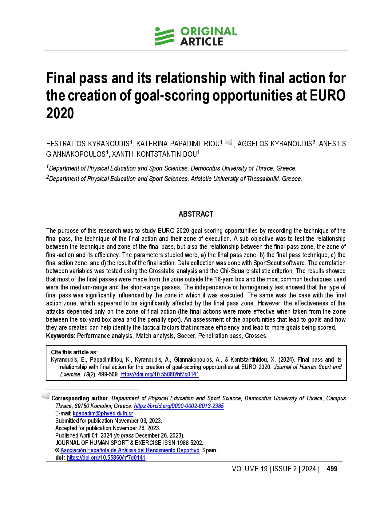Final pass and its relationship with final action for the creation of goal-scoring opportunities at EURO 2020