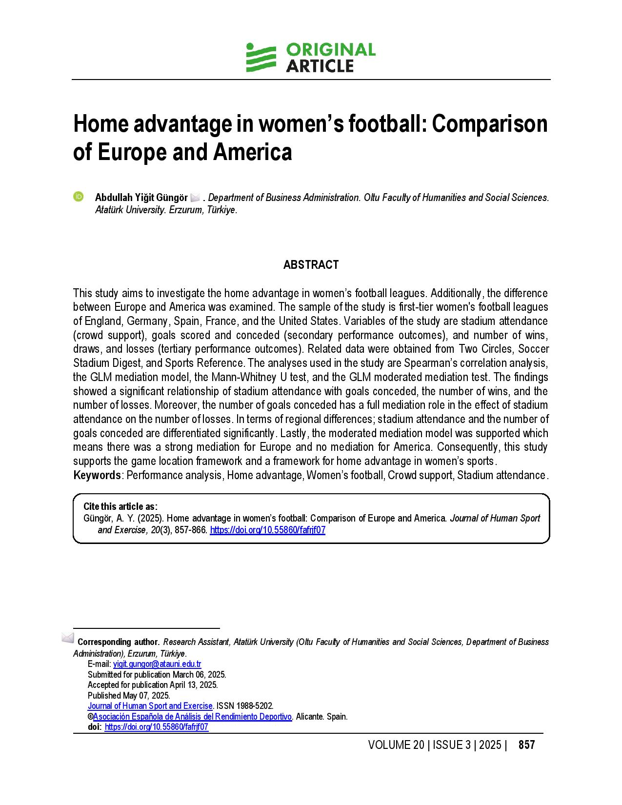 Home advantage in women’s football: Comparison of Europe and America