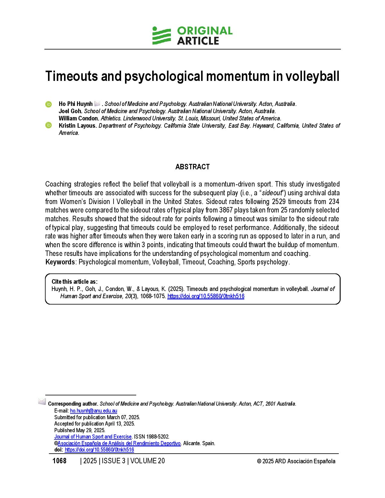 Timeouts and psychological momentum in volleyball