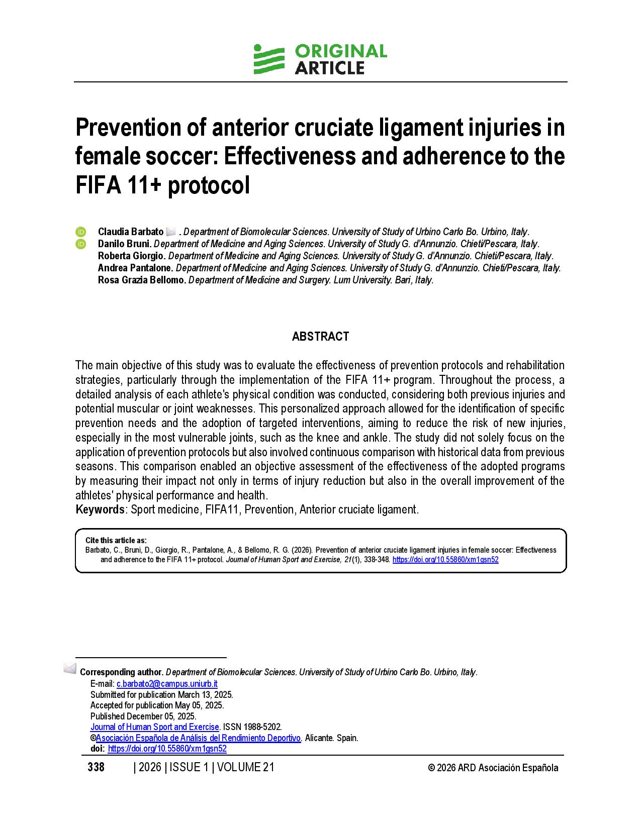 Prevention of anterior cruciate ligament injuries in female soccer: Effectiveness and adherence to the FIFA 11+ protocol