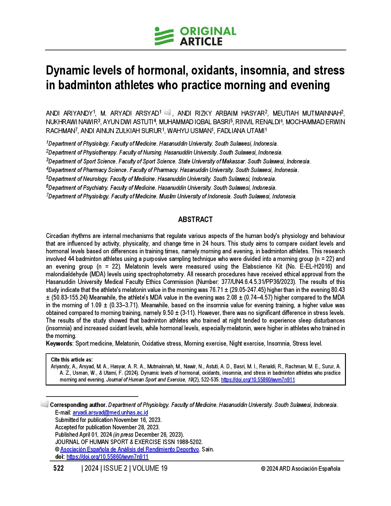 Dynamic levels of hormonal, oxidants, insomnia, and stress in badminton athletes who practice morning and evening