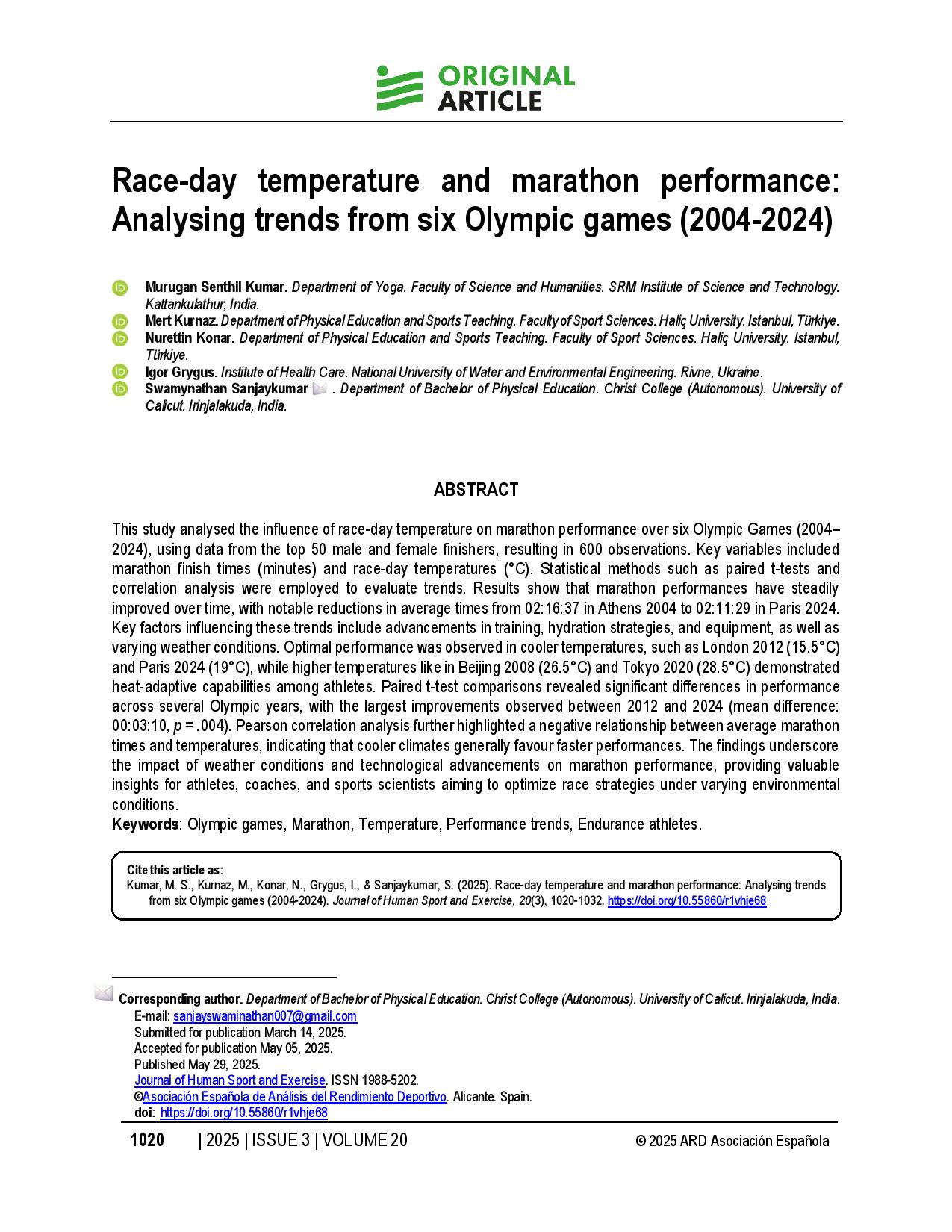 Race-day temperature and marathon performance: Analysing trends from six Olympic games (2004-2024)