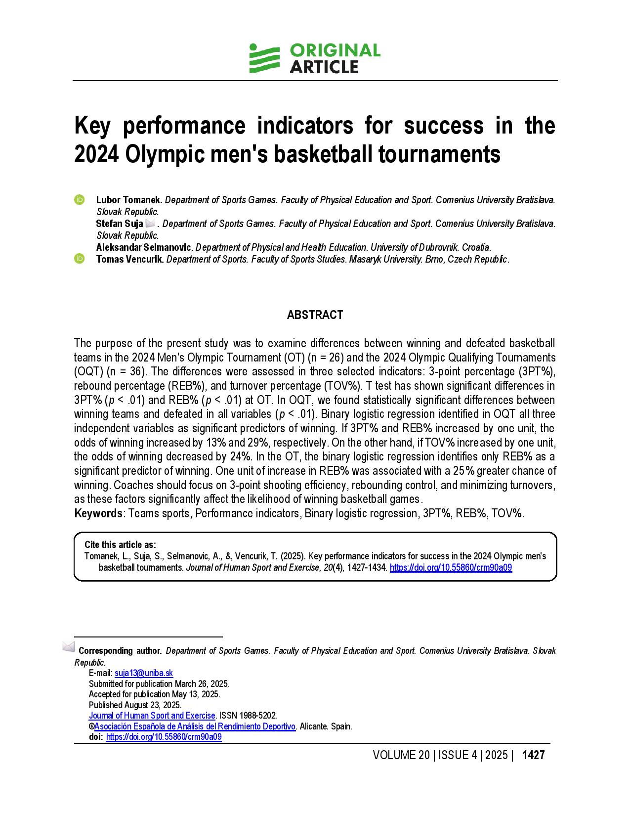 Key performance indicators for success in the 2024 Olympic men's basketball tournaments