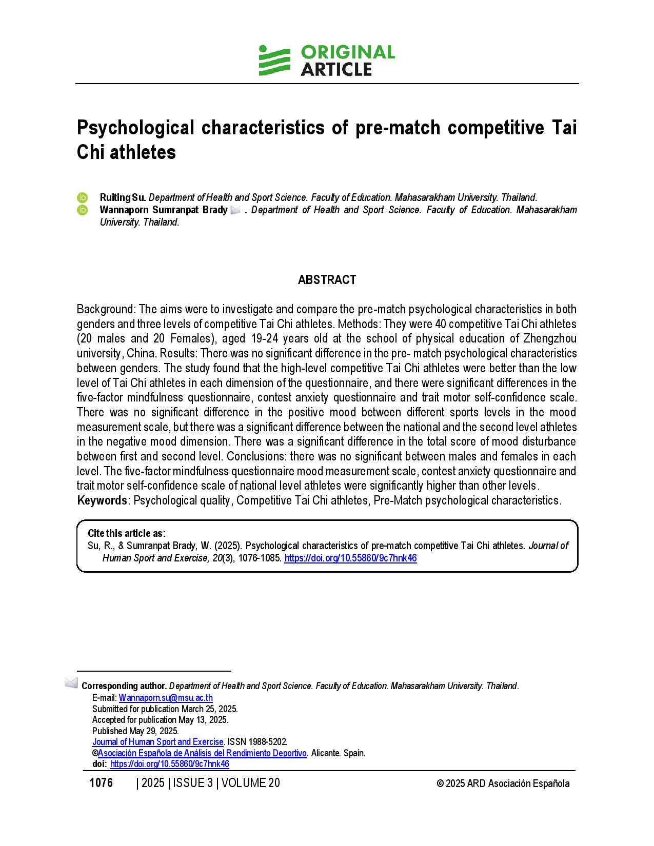 Psychological characteristics of pre-match competitive Tai Chi athletes