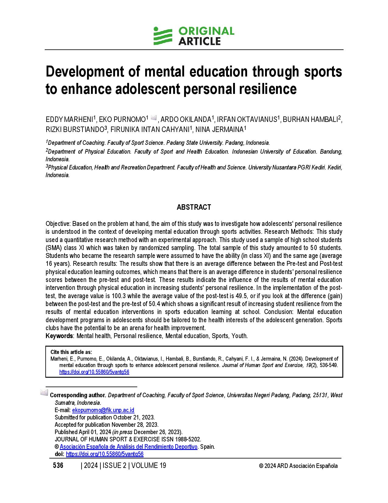 Development of mental education through sports to enhance adolescent personal resilience