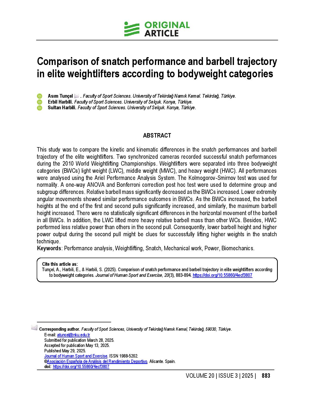 Comparison of snatch performance and barbell trajectory in elite weightlifters according to bodyweight categories