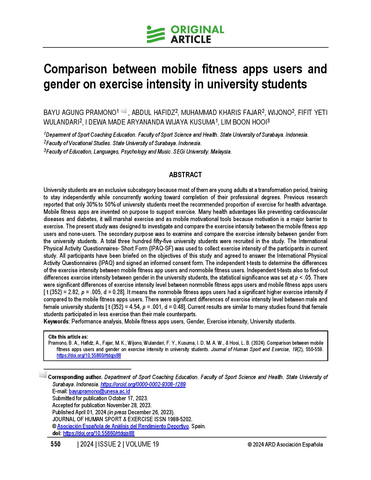 Comparison between mobile fitness apps users and gender on exercise intensity in university students