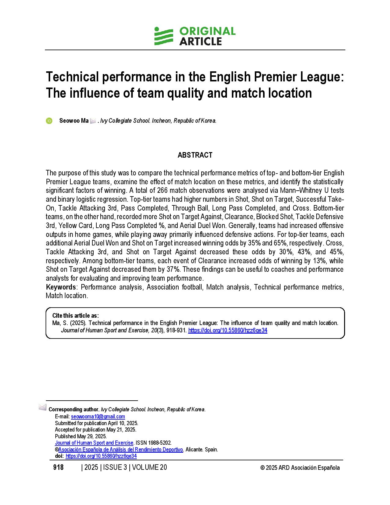Technical performance in the English Premier League: The influence of team quality and match location