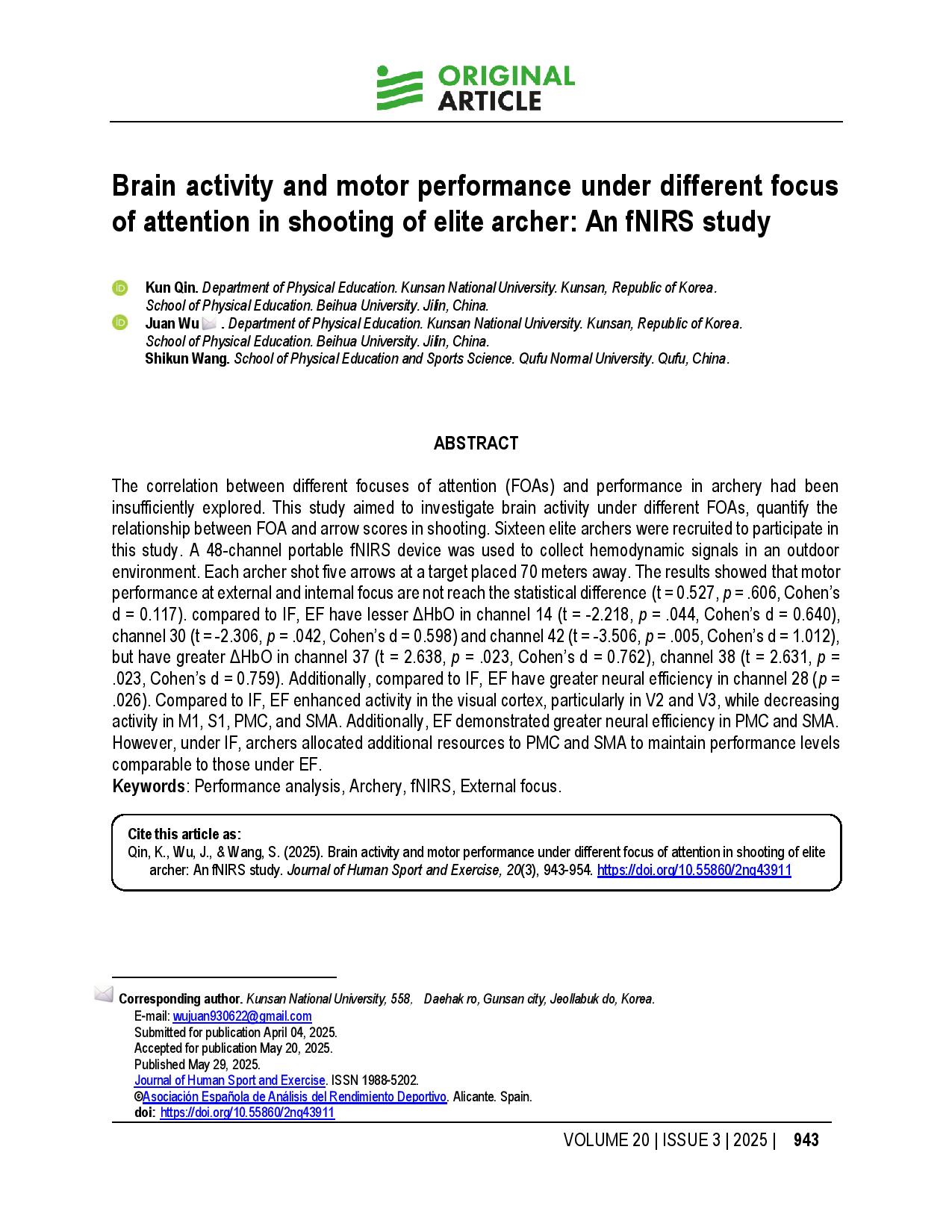 Brain activity and motor performance under different focus of attention in shooting of elite archer: An fNIRS study