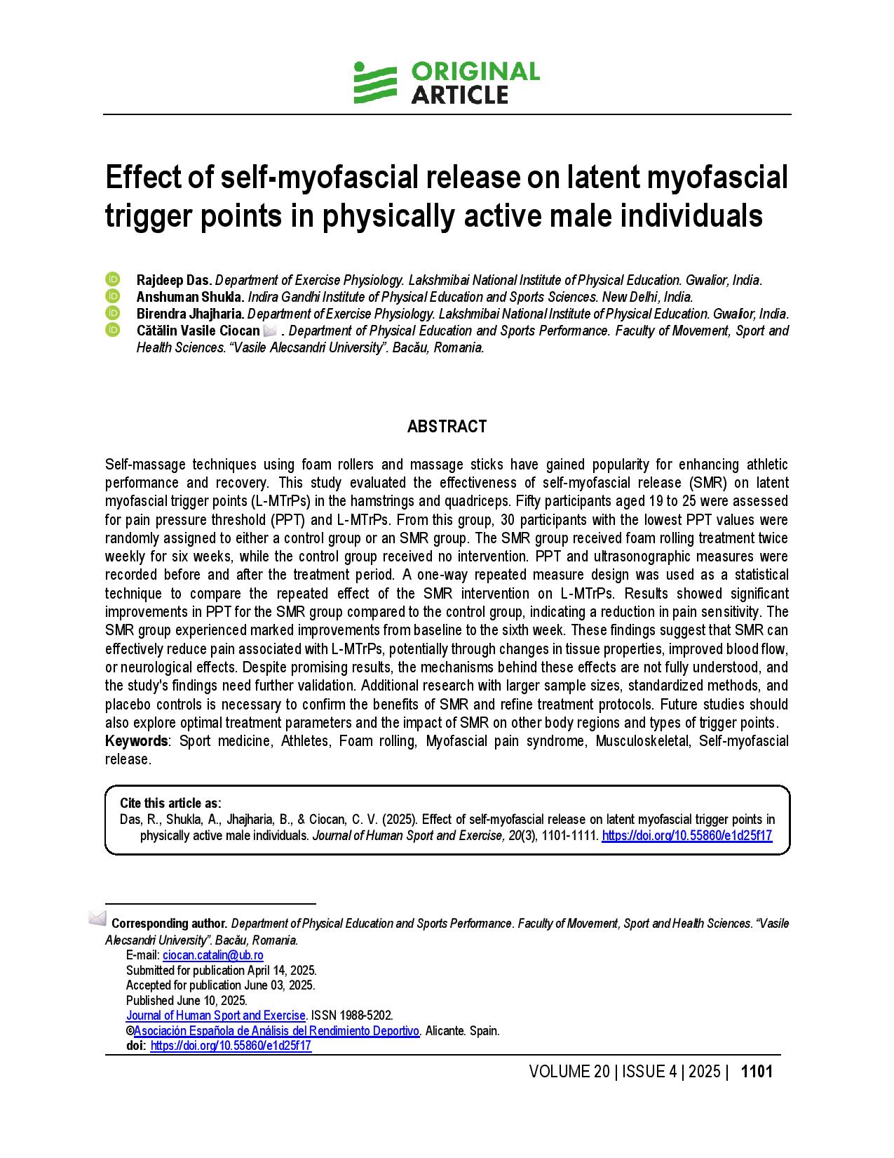 Effect of self-myofascial release on latent myofascial trigger points in physically active male individuals