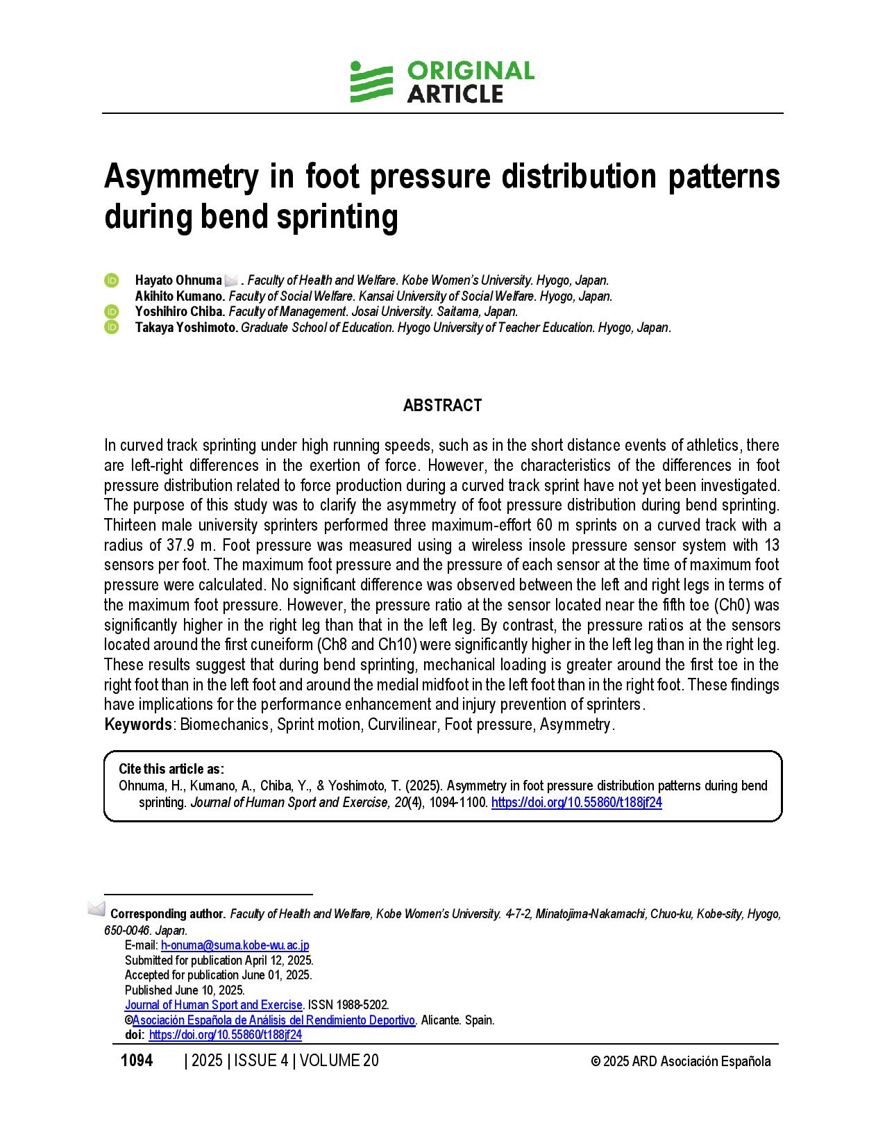 Asymmetry in foot pressure distribution patterns during bend sprinting