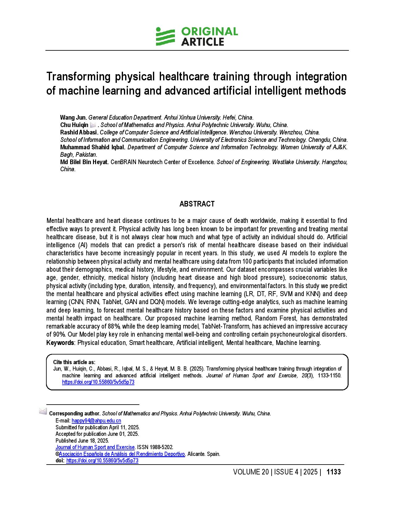 Transforming physical healthcare training through integration of machine learning and advanced artificial intelligent methods