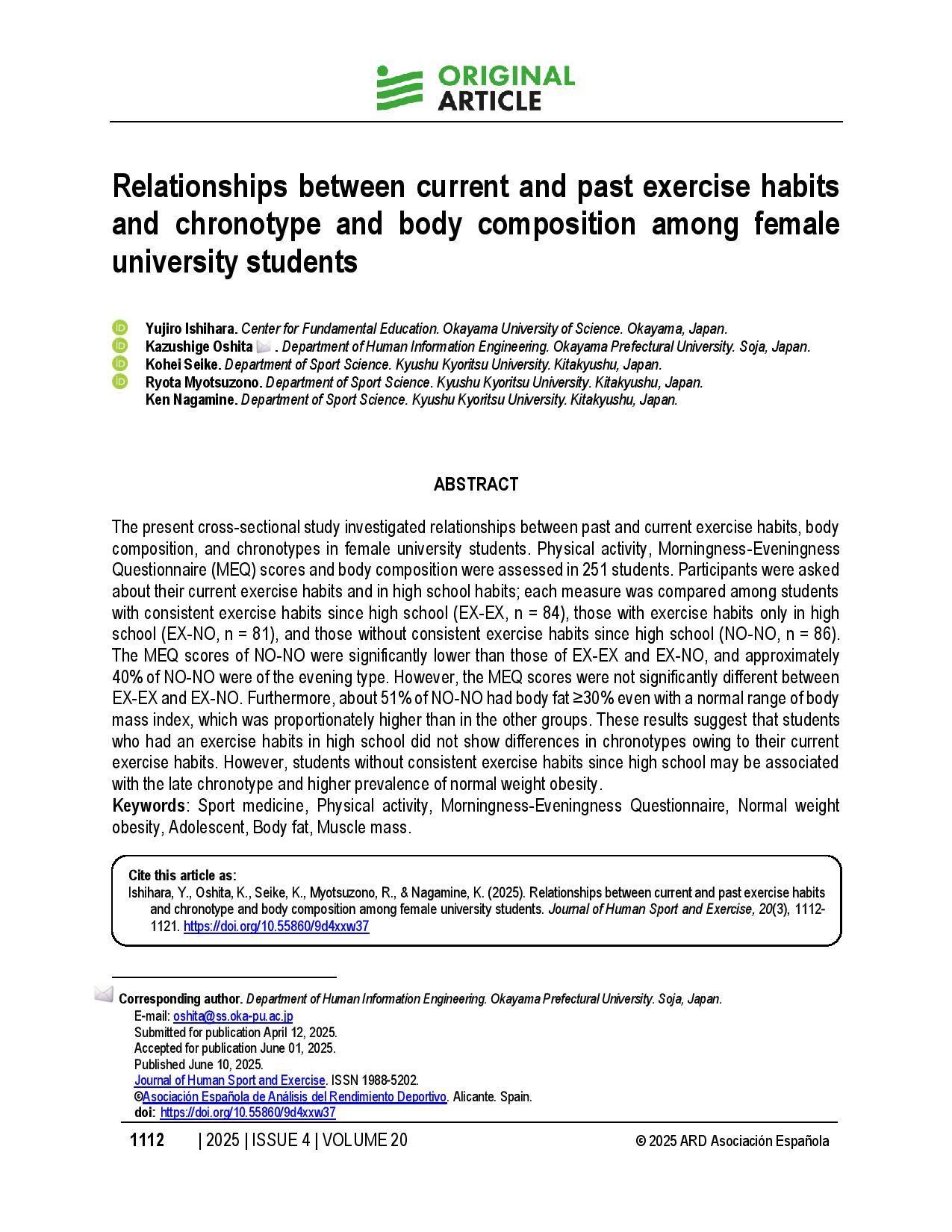Relationships between current and past exercise habits and chronotype and body composition among female university students