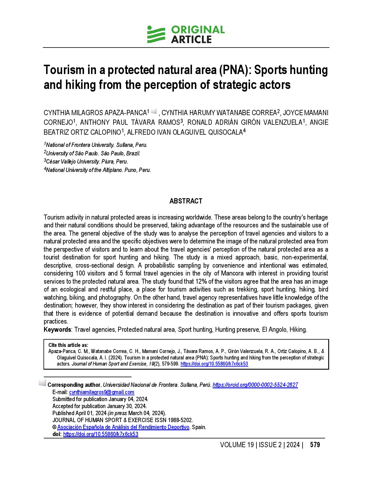 Tourism in a protected natural area (PNA): Sports hunting and hiking from the perception of strategic actors