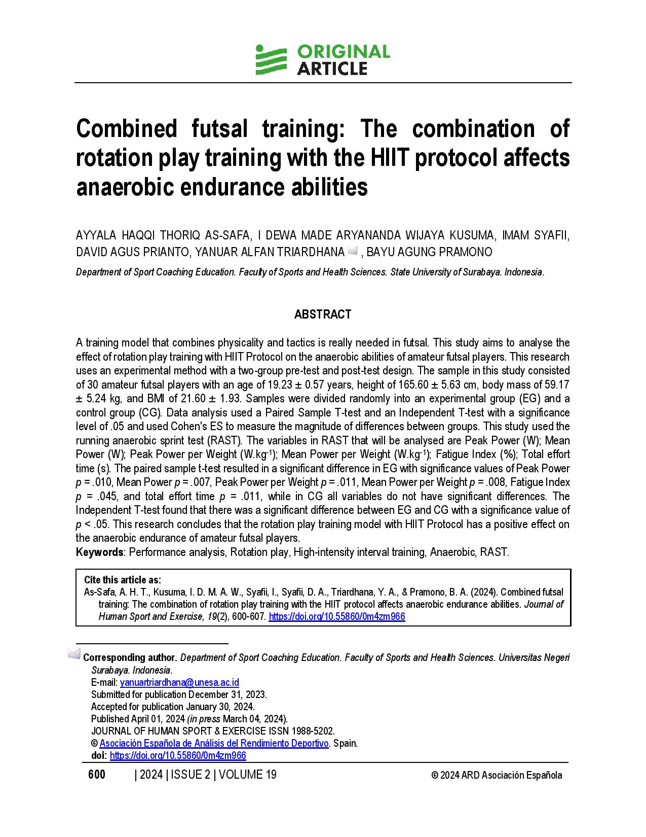 Combined futsal training: The combination of rotation play training with the HIIT protocol affects anaerobic endurance abilities