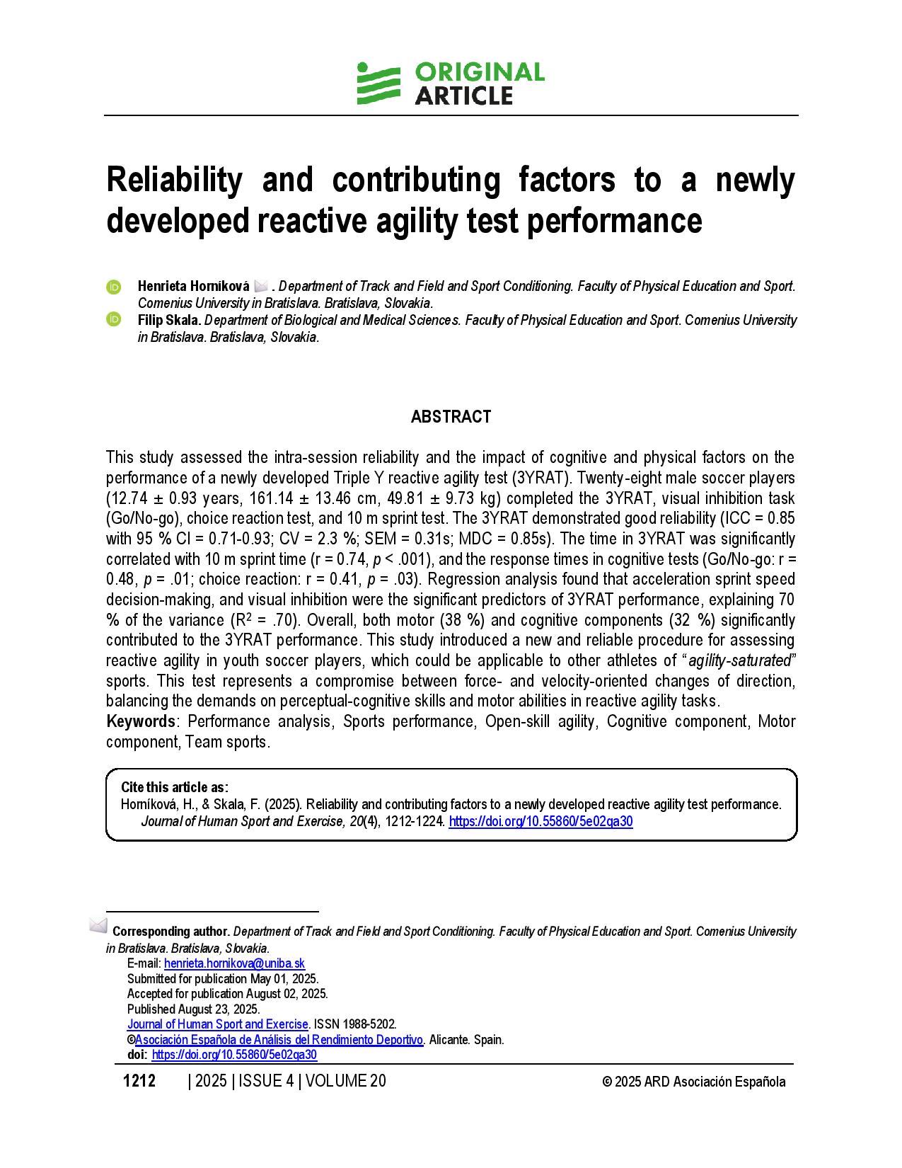 Reliability and contributing factors to a newly developed reactive agility test performance