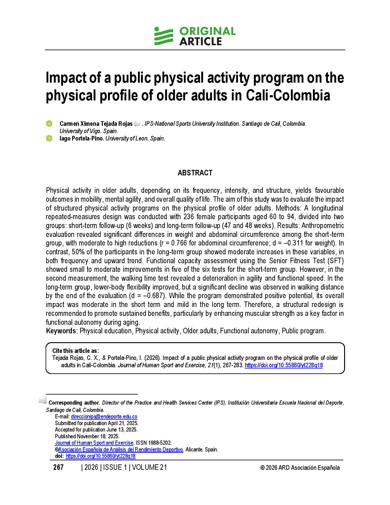 Impact of a public physical activity program on the physical profile of older adults in Cali-Colombia