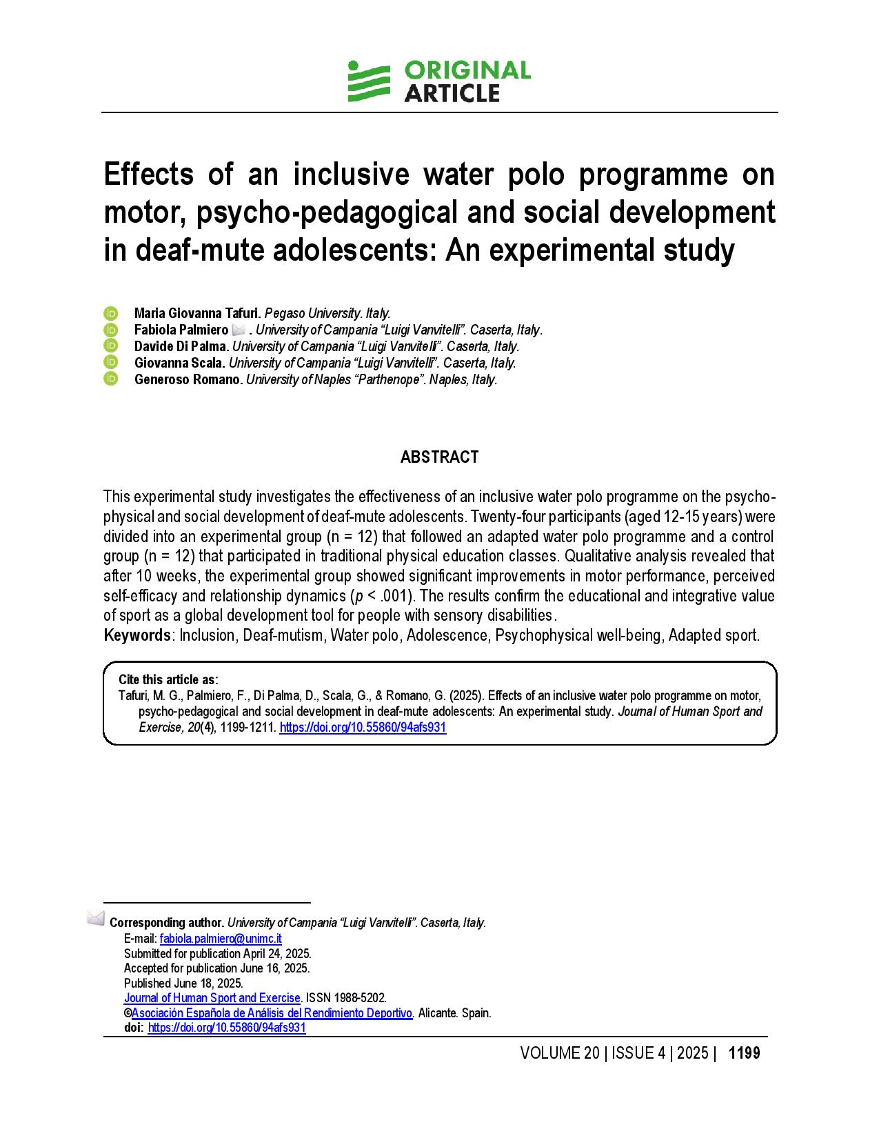 Effects of an inclusive water polo programme on motor, psycho-pedagogical and social development in deaf-mute adolescents: An experimental study