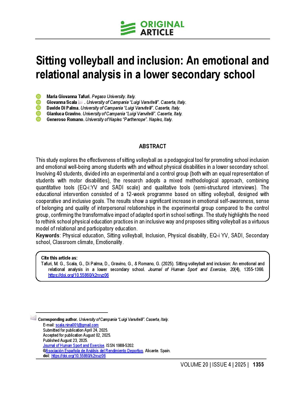 Sitting volleyball and inclusion: An emotional and relational analysis in a lower secondary school