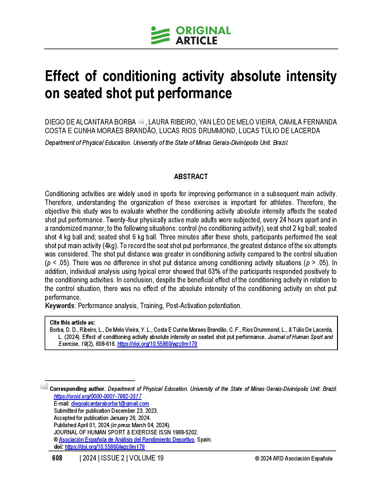 Effect of conditioning activity absolute intensity on seated shot put performance