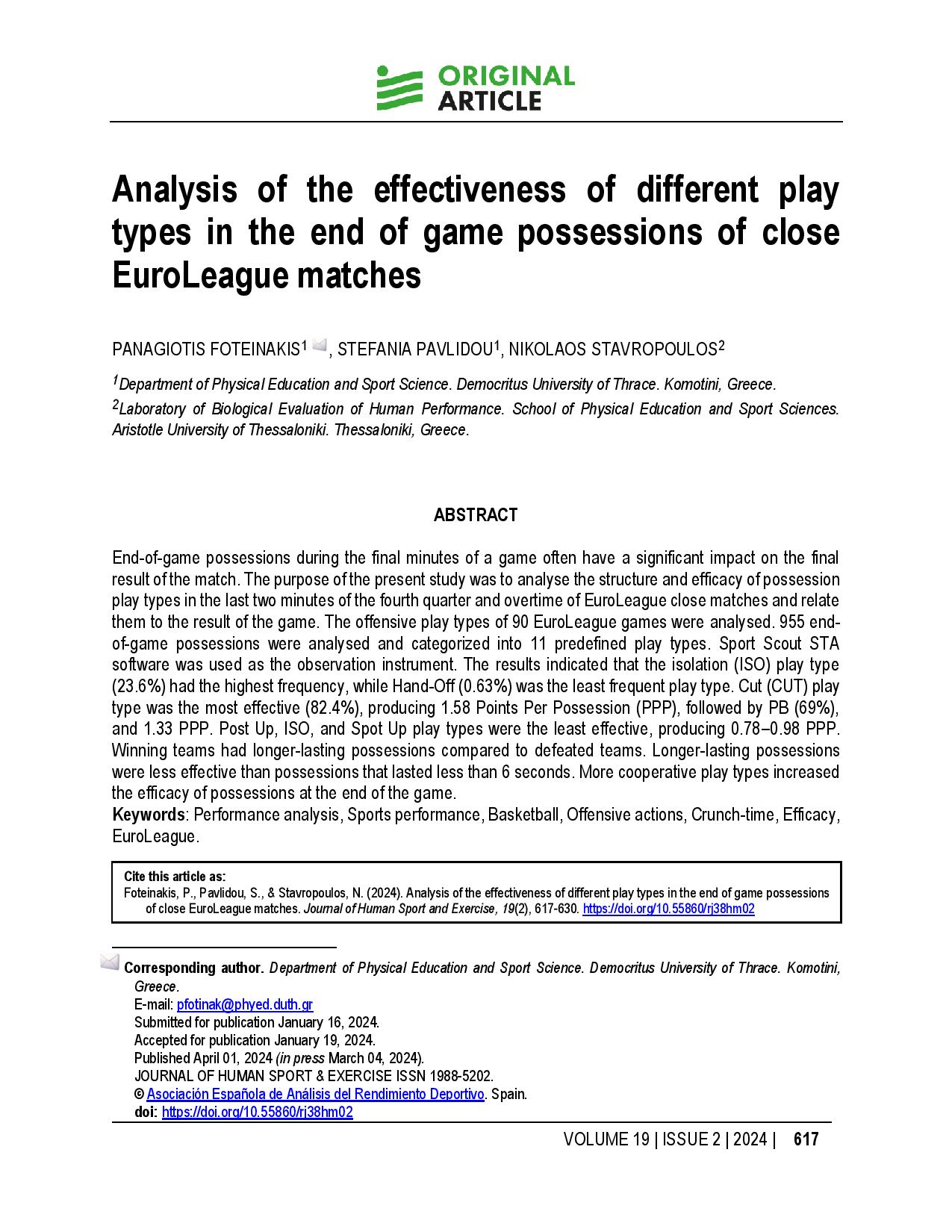 Analysis of the effectiveness of different play types in the end of game possessions of close EuroLeague matches