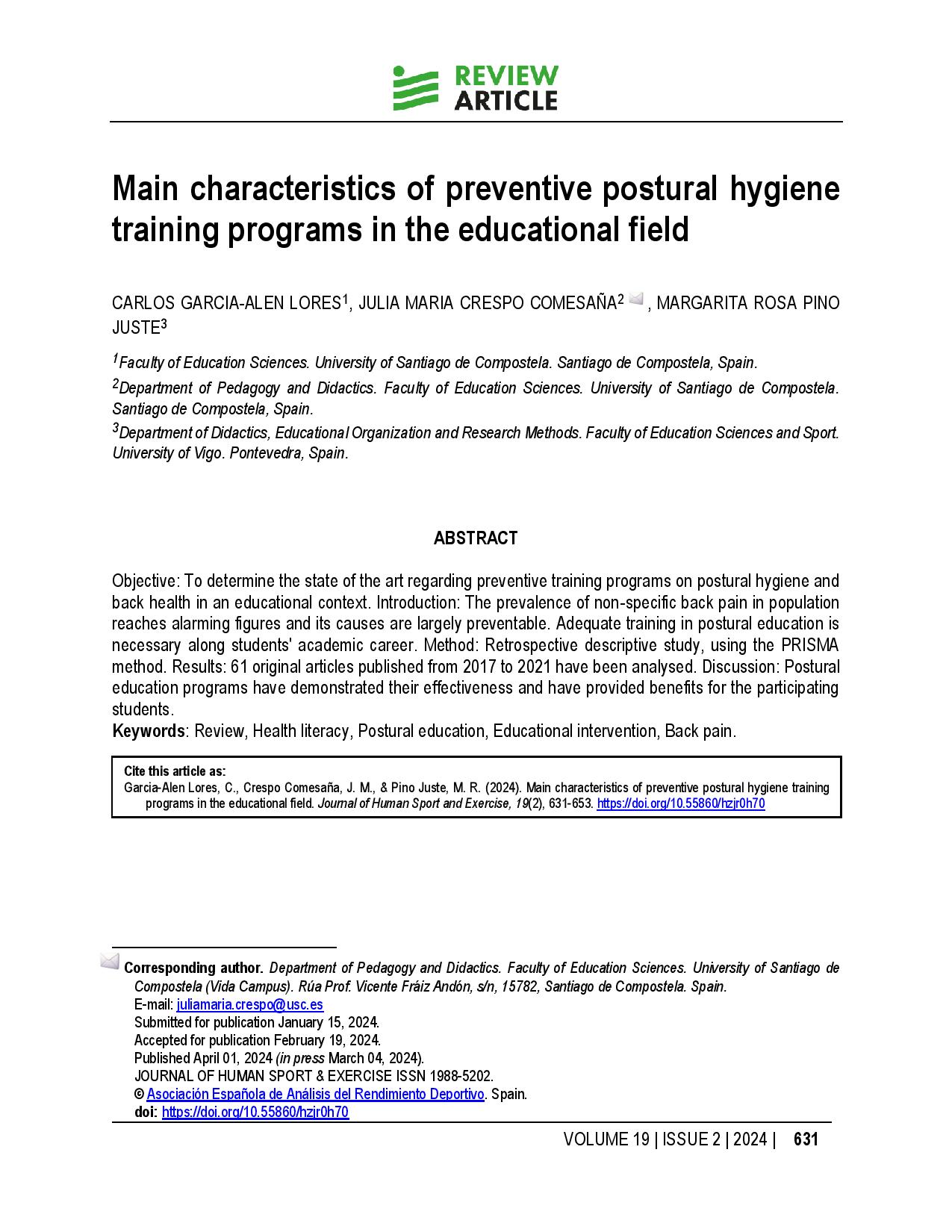 Main characteristics of preventive postural hygiene training programs in the educational field