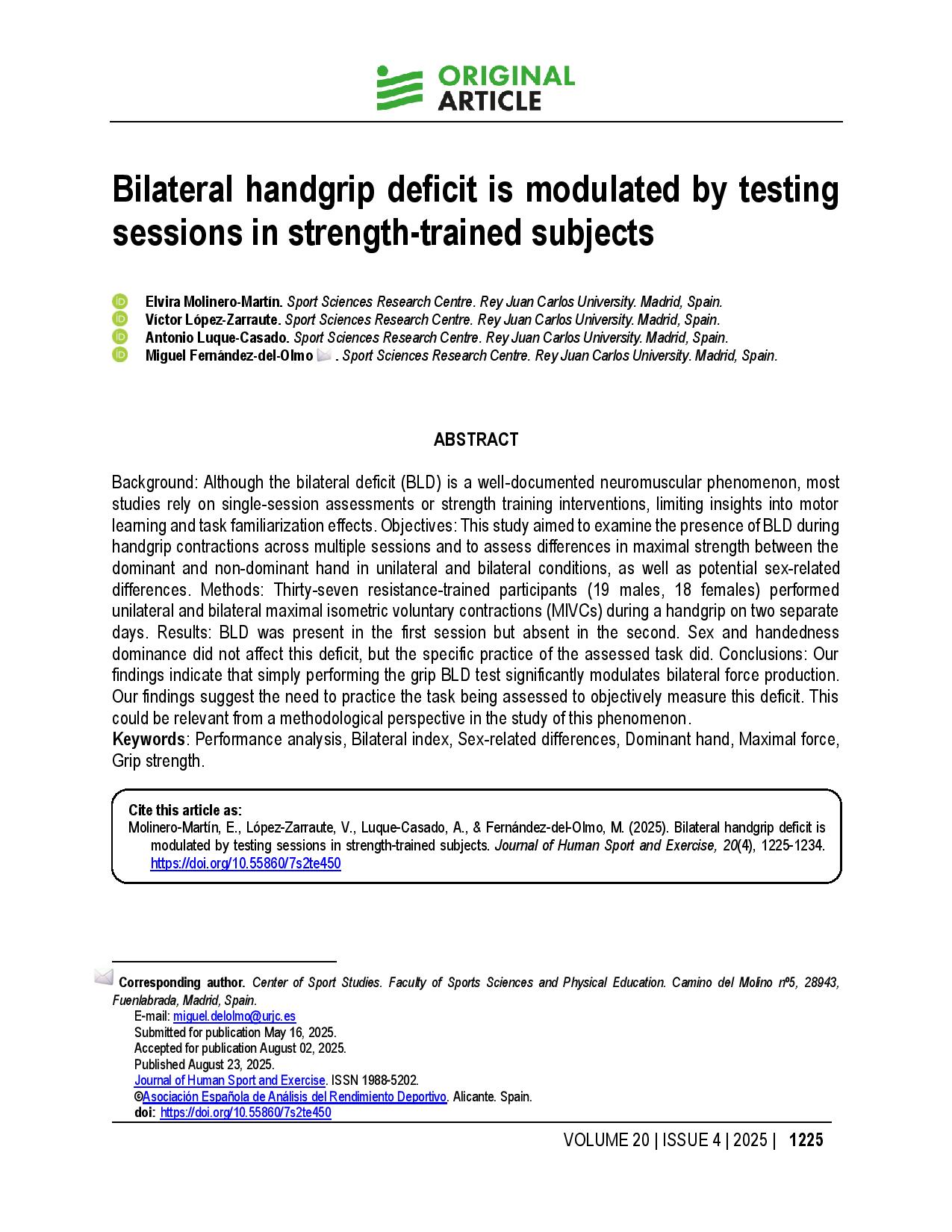Bilateral handgrip deficit is modulated by testing sessions in strength-trained subjects