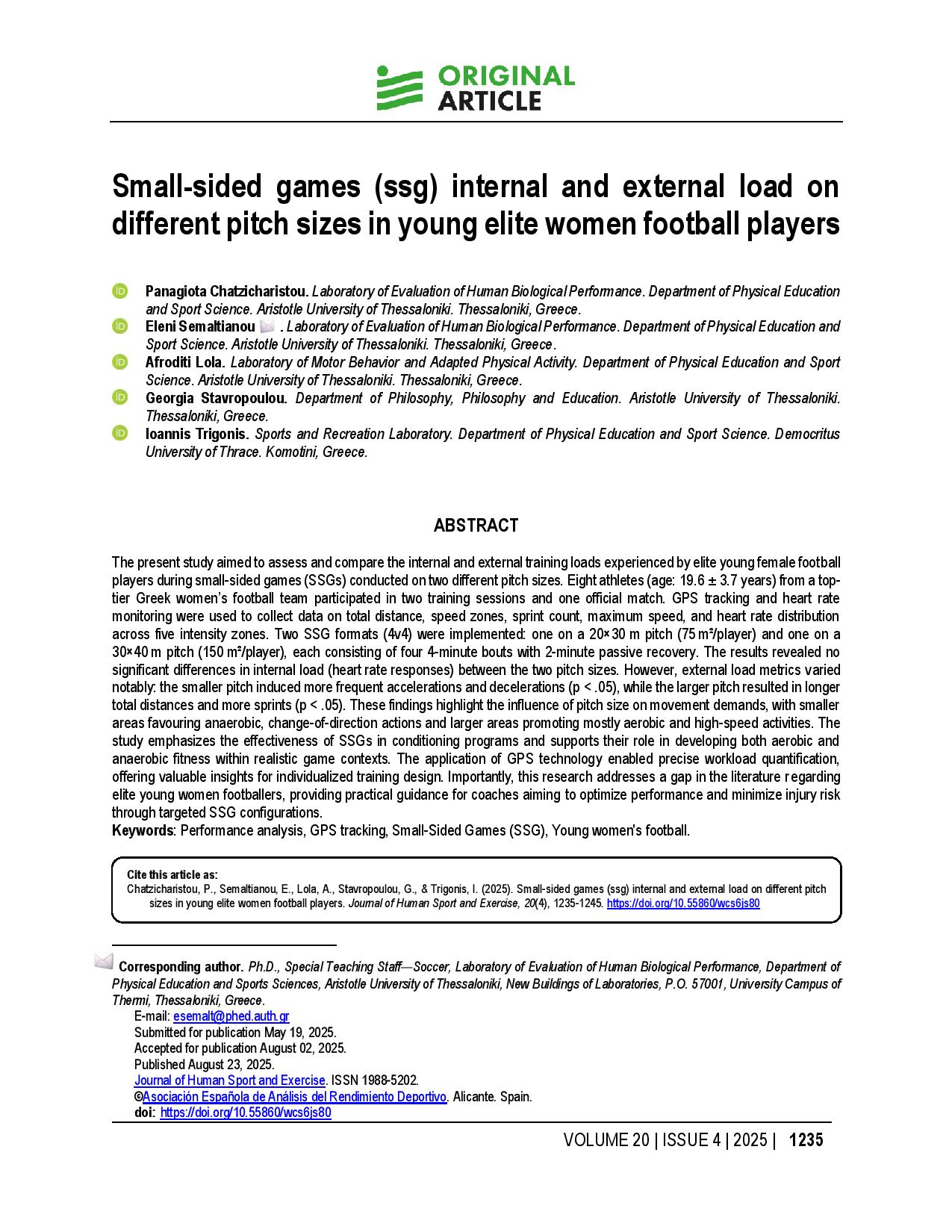 Small-sided games (ssg) internal and external load on different pitch sizes in young elite women football players