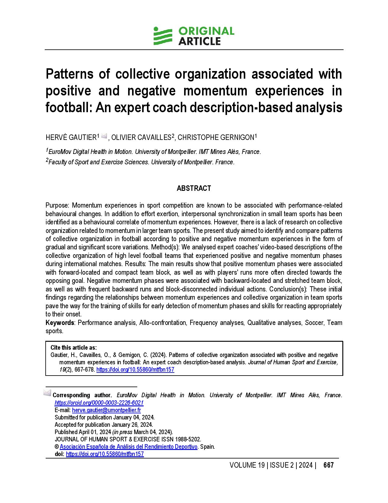 Patterns of collective organization associated with positive and negative momentum experiences in football: An expert coach description-based analysis