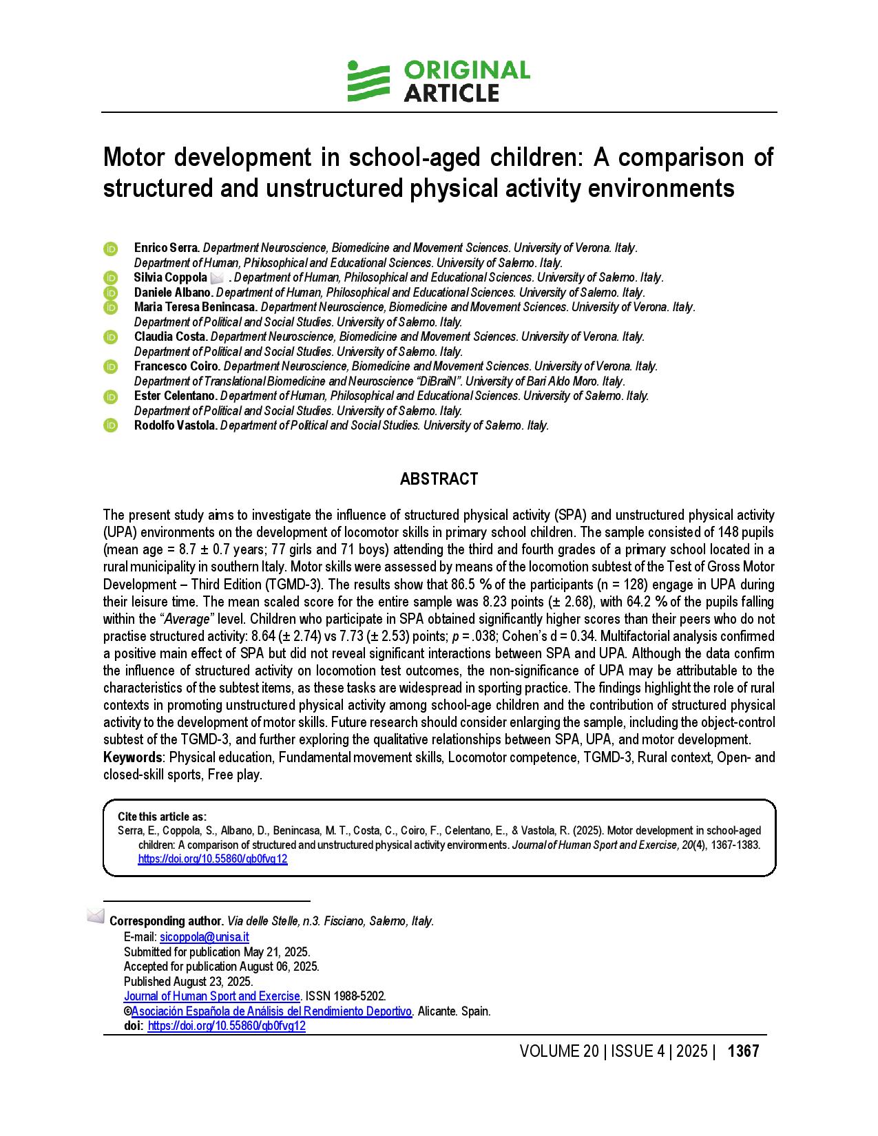 Motor development in school-aged children: A comparison of structured and unstructured physical activity environments