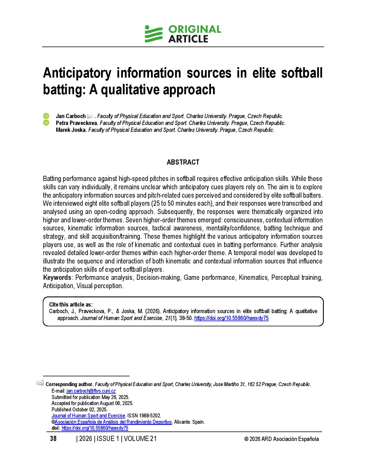 Anticipatory information sources in elite softball batting: A qualitative approach