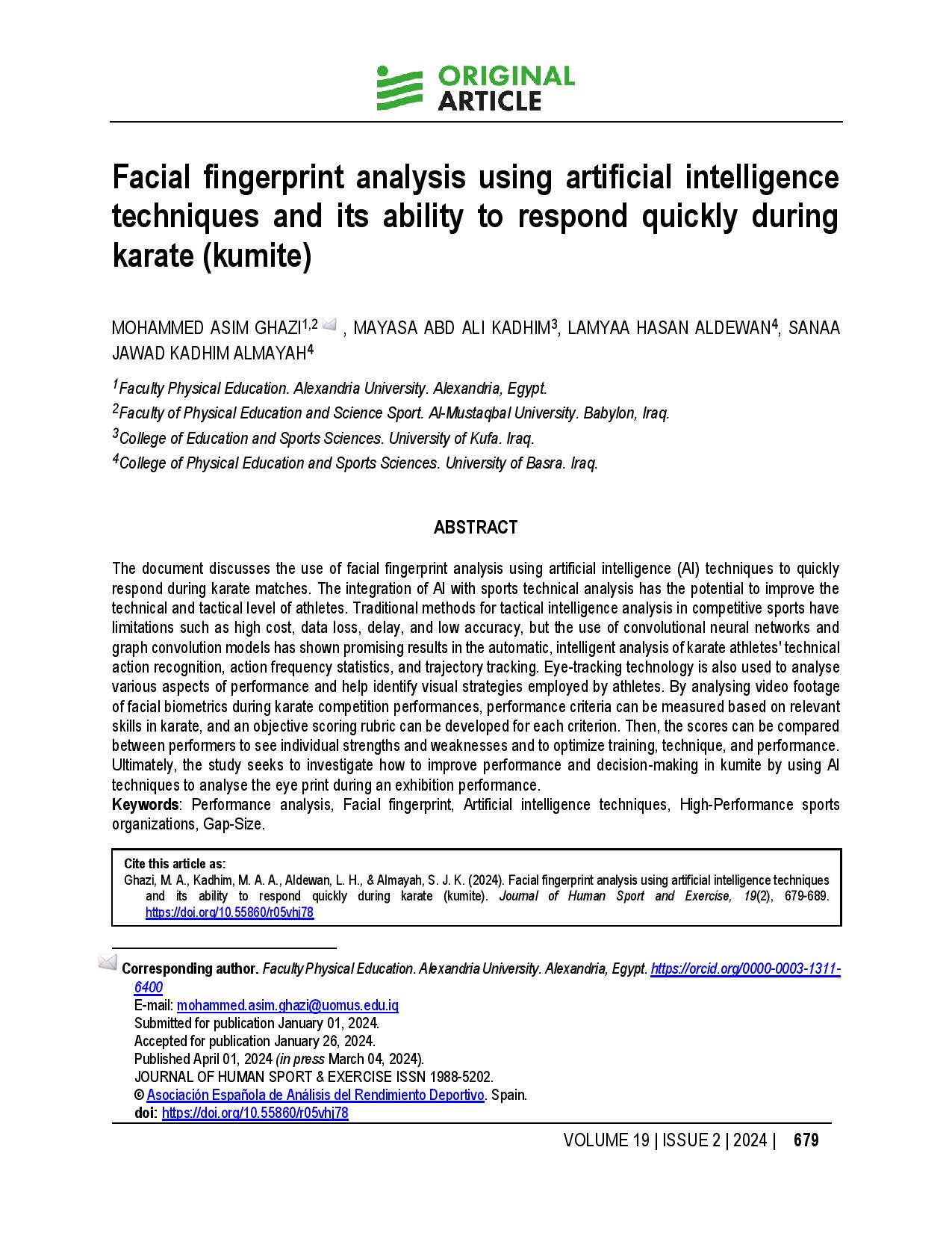 Facial fingerprint analysis using artificial intelligence techniques and its ability to respond quickly during karate (kumite)