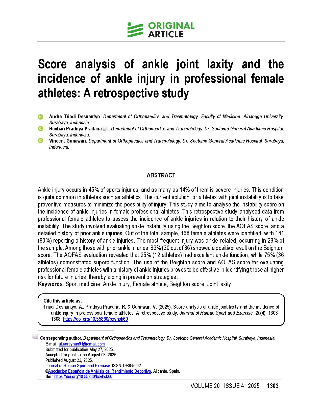 Score analysis of ankle joint laxity and the incidence of ankle injury in professional female athletes: A retrospective study