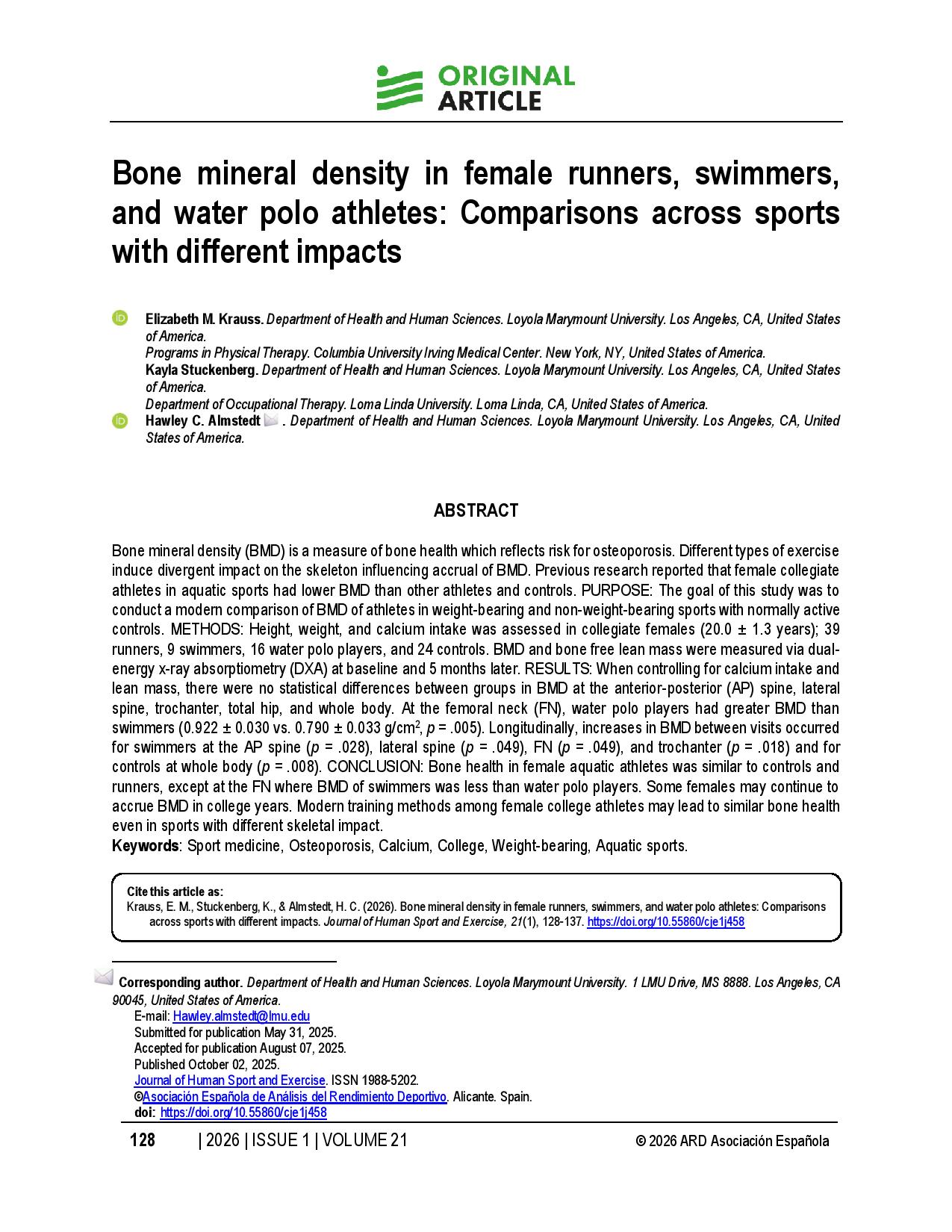 Bone mineral density in female runners, swimmers, and water polo athletes: Comparisons across sports with different impacts