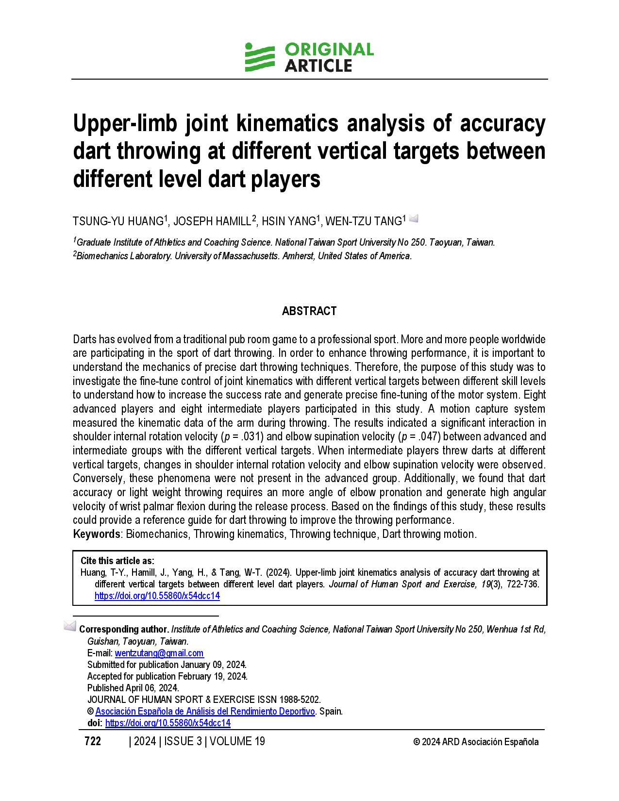 Upper-limb joint kinematics analysis of accuracy dart throwing at different vertical targets between different level dart players