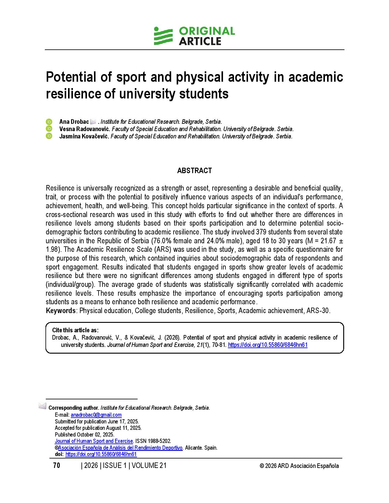 Potential of sport and physical activity in academic resilience of university students