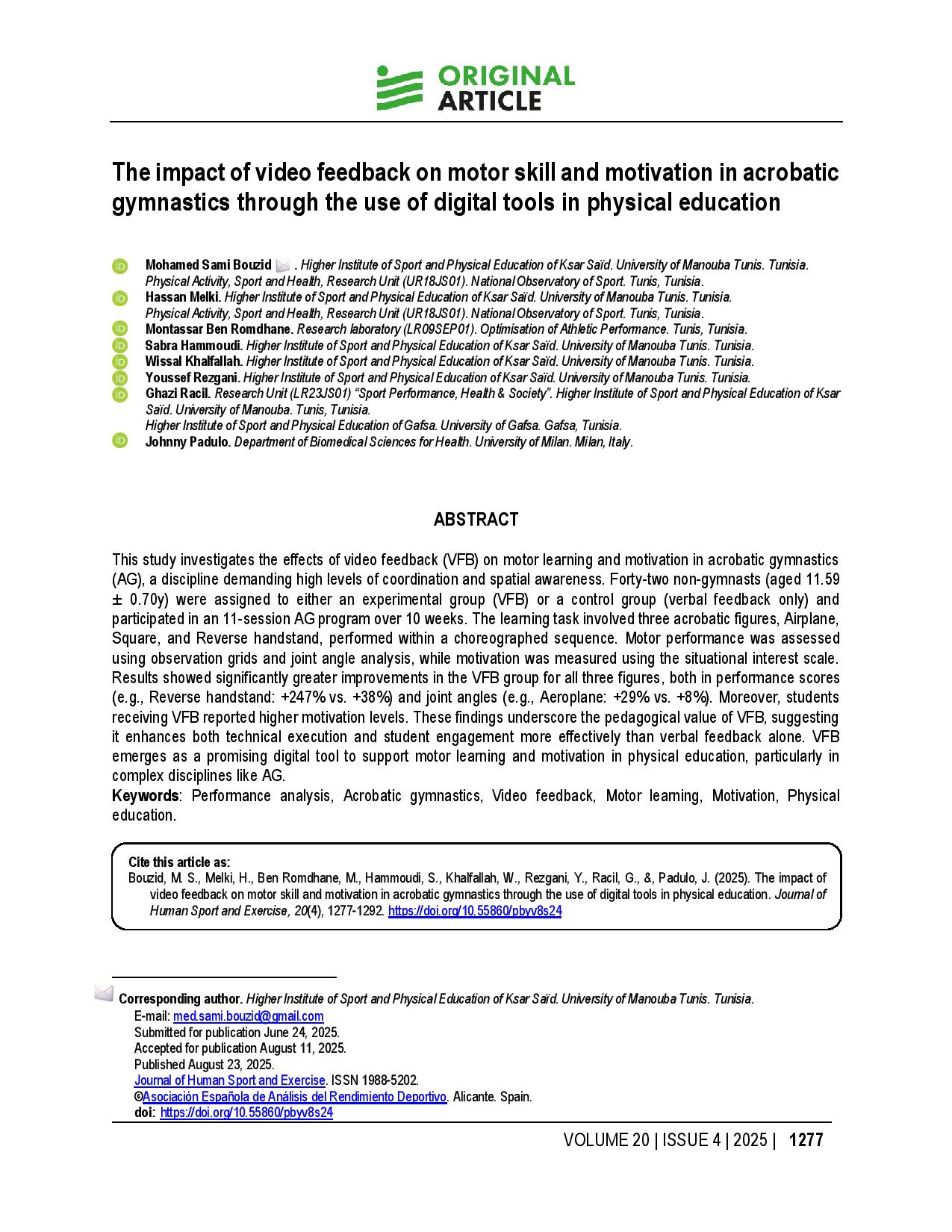 The impact of video feedback on motor skill and motivation in acrobatic gymnastics through the use of digital tools in physical education