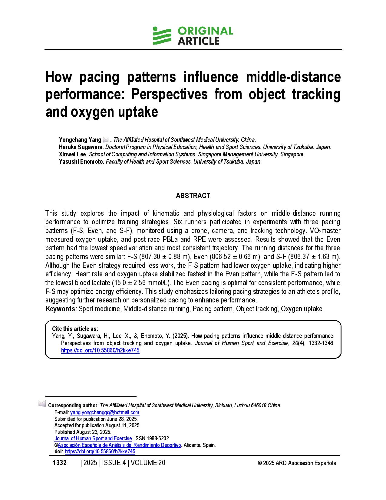 How pacing patterns influence middle-distance performance: Perspectives from object tracking and oxygen uptake
