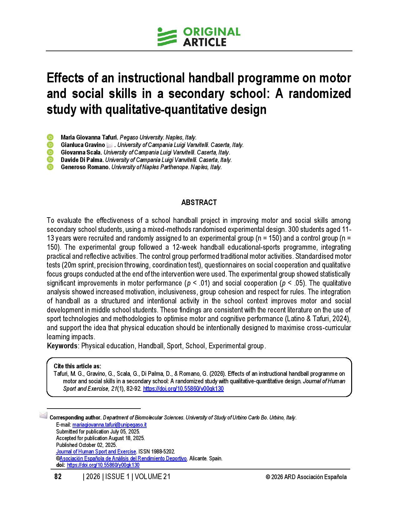 Effects of an instructional handball programme on motor and social skills in a secondary school: A randomized study with qualitative-quantitative design